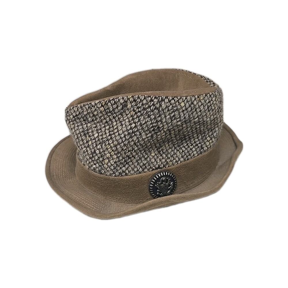 Vtg Gray Tan Suede Knit Crushable Theatrical Classic Fedora Hat Men's One Size